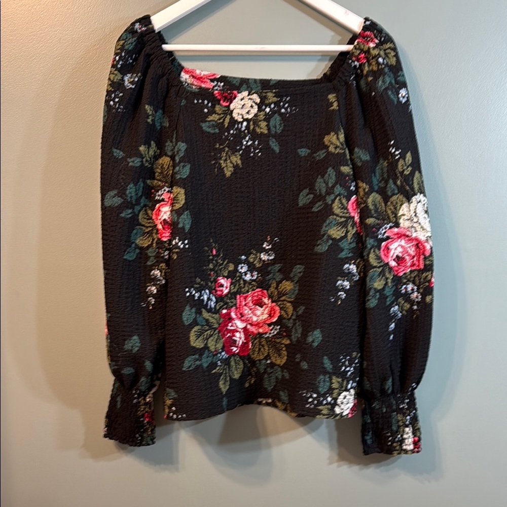 LOFT Black Floral Top with Red and Cream Accents